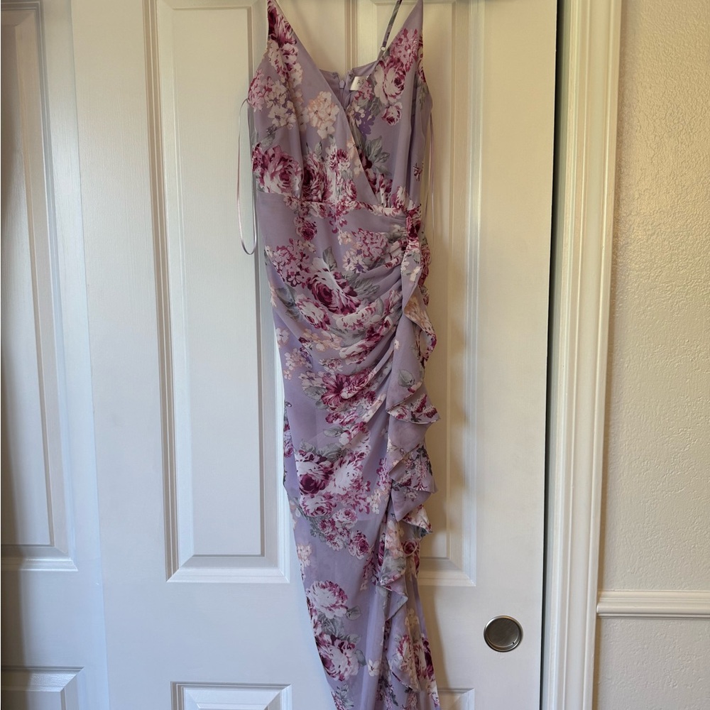 ASTR Lavender Multi-floral Ruched Slit Dress, XS